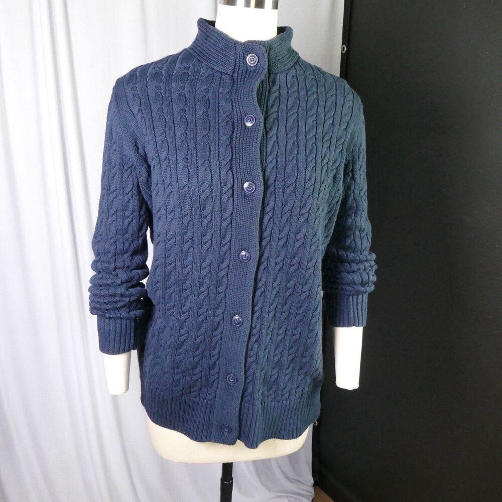 LL Bean Preppy Cable Knit Button Front Cardigan Sweater Blue Women’s L Navy